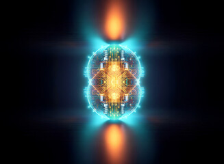 Fototapete - Abstract sci-fi background featuring a central glowing orb. Electric blue and orange light radiates outwards. Futuristic, digital, and symmetrical design.