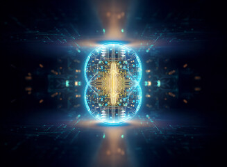 Fototapete - Abstract sci-fi background featuring a bright, symmetrical composition with glowing blue and gold elements. Futuristic and digital design with an ethereal feel.