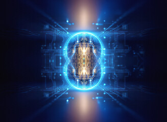 Leinwandbilder - Abstract sci-fi background with glowing blue and gold elements. Futuristic design with circuit details and bright lights creates a technological feel.
