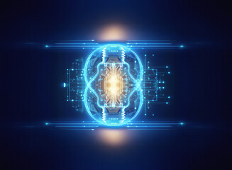 Leinwandbilder - Abstract sci-fi background featuring glowing blue and gold elements forming a futuristic technological design. Luminous and bright backdrop.