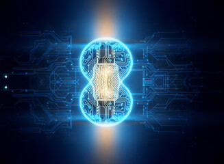 Fototapete - Abstract sci-fi background with glowing blue circuits forming an infinity symbol shape, radiating light in a digital futuristic style.