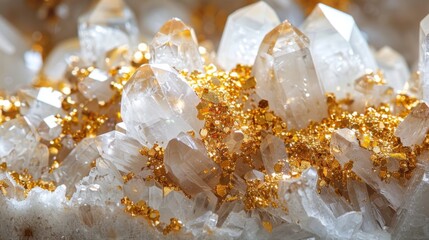 Poster - Quartz crystals glisten under light as golden mineral deposits accentuate their facets, showcasing the intricate beauty of natural geology in a detailed close up composition.
