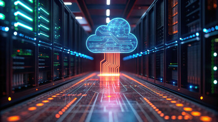 Poster - cloud computing system, Futuristic data center with glowing cloud network and digital streams