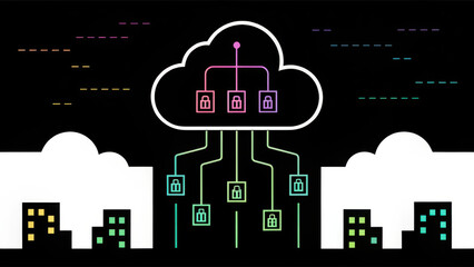 Poster - cloud computing system, cyberpunk style cloud computing network with glowing locks