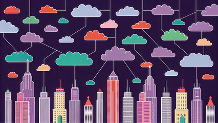 Poster - cloud computing system, cityscape with colorful clouds connected, symbolizing cloud computing