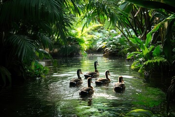 Wall Mural - A serene image of a family of ducks swimming together in a peaceful pond surrounded by lush greenery.