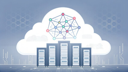 Poster - cloud computing system, Cloud computing concept with neural network and data servers illustration
