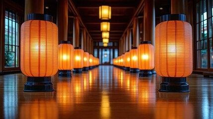 Illuminated lanterns line serene hotel corridor