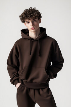 Young pretty male model with a plain hoodie and sweatpants posing for a clothing brand
