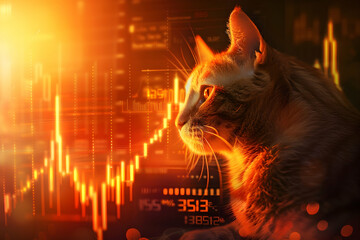 Poster - A contemplative cat gazes at a glowing stock market chart during sunset, symbolizing insight