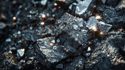 Fototapete - Bright crystals are scattered across a dark mineral surface, reflecting light in a mesmerizing display of textures and colors. The scene evokes a feeling of natural beauty and deep Earth.