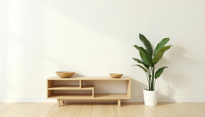 Lowline bookcase, light wood, four cubbies, two bowls, minimalist, modern, plant, white wall, wood floor.