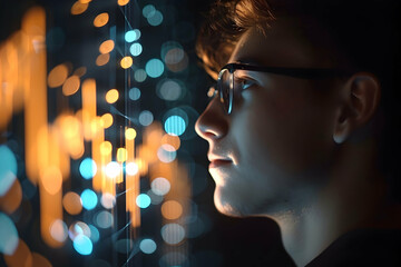Poster - Young man in glasses gazing at vibrant digital data visualization in a dark environment
