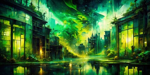 Poster - Abstract Black and Green Double Exposure Painting - Modern Art Stock Photo