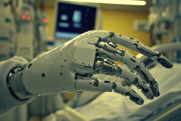 Poster - a robotic hand efficiently operates a machine in a hospital, a robotic hand is displayed in a hospit
