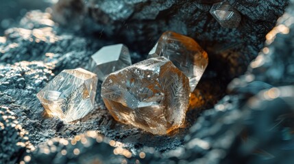 Aufkleber - Crystals rest on a textured rocky surface, reflecting light and revealing their unique shapes. The natural environment enhances their beauty, creating a captivating display of geology.