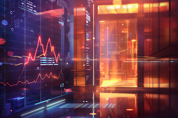 Poster - Futuristic data center with glowing screens displaying analytics and vibrant light effects