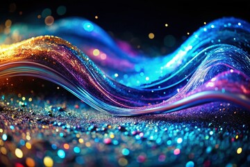 Poster - Abstract Blue Glitter Ink Wave, Glowing Stream, Fluid Paint Flow on Black Background - Stock Photo