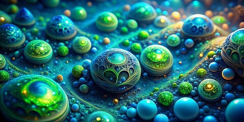 Poster - Abstract Blue Green Glowing Shapes, Fantastic Space Background, Digital Fractal Art, 3D Render Macro Photography