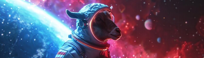 Wall Mural - a cosmic scene featuring a sheep in an astronaut suit, surrounded by vibrant nebulae and galaxies, s