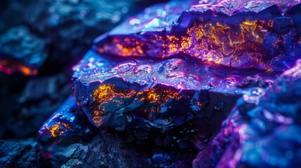 Aufkleber - Unique mineral formations glimmer in shades of purple and orange, revealing intricate textures and patterns in a mystical underground setting filled with natural beauty.