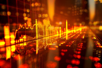 Poster - abstract representation of financial data with glowing graphs and city skyline reflections at dusk