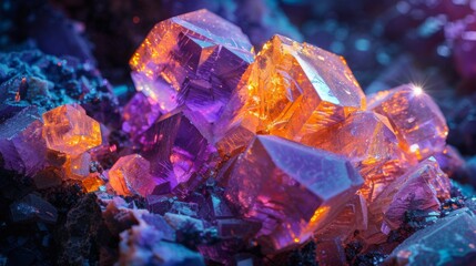 Poster - Clusters of purple and orange crystals sparkle as they rest on a rocky surface, illuminated by soft light that enhances their unique colors and complex structures, creating a stunning visual effect.