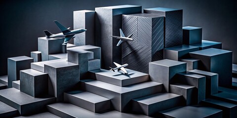 Poster - Abstract Charcoal Black 3D Layered Planes, Depth Illusion, Geometric Art, Modern Design