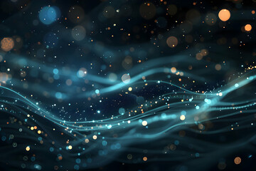 Poster - Abstract representation of glowing waves with shimmering particles in a dark background