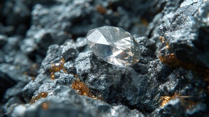 Aufkleber - A clear diamond sits prominently on a bed of rough black and shiny gold minerals, highlighting the beautiful contrast between the gem's clarity and the textured surface beneath it.