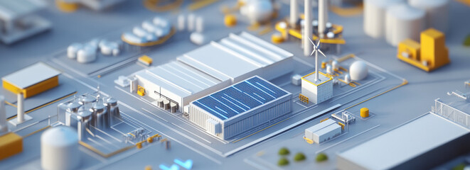 Poster - futuristic industrial energy plant with solar panels, wind turbines, and modern infrastructure, showcasing sustainable energy solutions