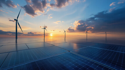 Aufkleber - Solar panels and wind turbines near coastal area during sunset, showcasing renewable energy sources and sustainable environment