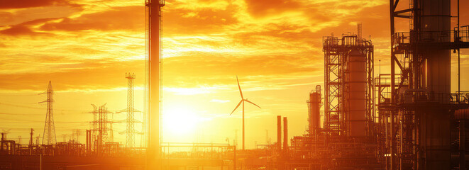 Poster - decentralized energy plant during sunset with wind turbines and industrial structures