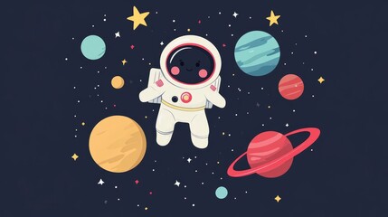 Wall Mural - cosmic adventure scene with cute astronaut character and colorful space elements in modern flat desi