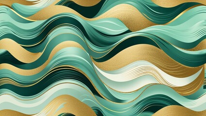 Wall Mural - Wavy and Swirled Mint and Gold brush strokes pattern background