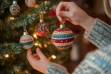 Wall Mural - girl hanging knitted christmas baubles on christmas tree with lights