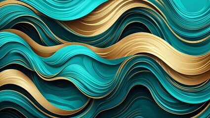 Wall Mural - Wavy and Swirled Turquoise and Gold brush strokes pattern background