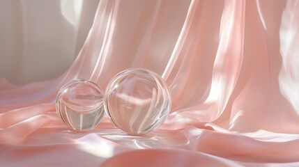 Poster - Clear glass orbs on pink satin fabric, soft light