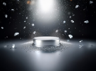 Wall Mural - a silver podium is illuminated by a bright spotlight in a dark space. debris falls around the platfo