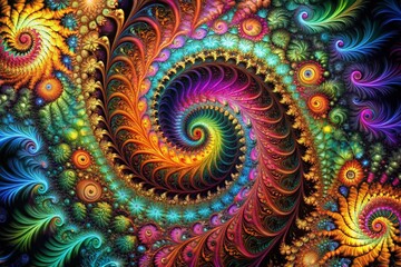 Poster - Abstract Multicolored Fractal Swirls Drone Aerial Photography - Black Background