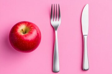 Aufkleber - A flat, modern design of a fork, knife, and apple, representing a healthy balanced diet
