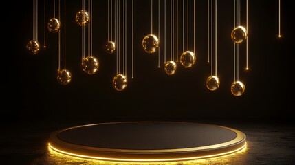 Poster - Empty black podium with golden spheres, Product presentation, Modern design