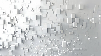 Poster - Abstract composition of scattered white cubes on a light background, creating a modern digital aesthetic