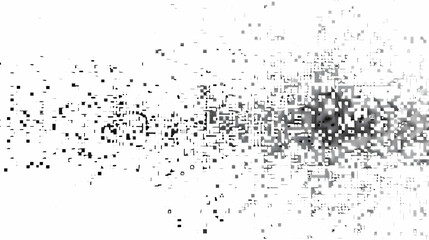 Poster - Abstract monochrome digital art with scattered pixelation, creating a sense of motion and depth