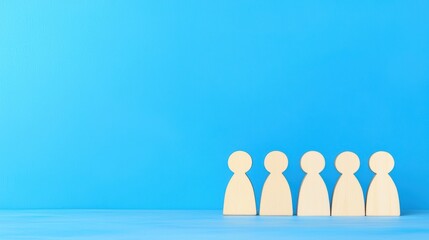 Poster - HR paper design human resources business image in blue, featuring wooden figures representing teamwork and collaboration.