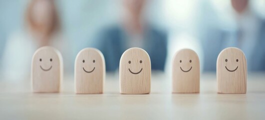 Poster - Wooden blocks with smiling faces represent human resource diversity, fostering happiness in business environments.