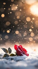 Wall Mural - Red rose in snow with sparkling bokeh