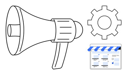 Megaphone, gear, and website interface elements represent marketing efforts, technological integration, and online presence management. Ideal for digital marketing, announcements, automation