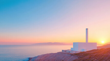 Poster - modern, minimalist power plant with tall chimney stands on coastal cliff at sunset, blending with serene ocean and vibrant sky