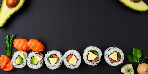 Wall Mural - A big assortment of Asian sushi and rolls including salmon, tuna, avocado, and tempura, beautifully arranged on a dark background, dinner, food